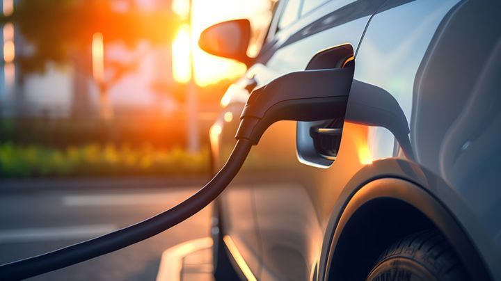 Electric vehicle charging in the sunset