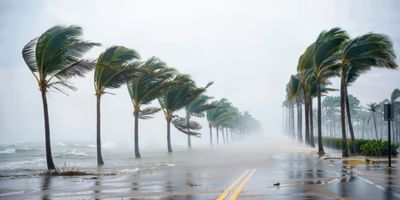 Palm trees blowing in a hurricane