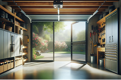 A comfortable and well-ventilated garage space with a garage screen door