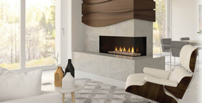 Living room with corner fireplace