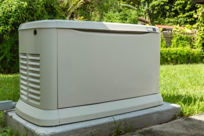 A Home Standby Generator installed at the backyard of a house. An air-cooled natural gas or liquid propane generator for residential use.