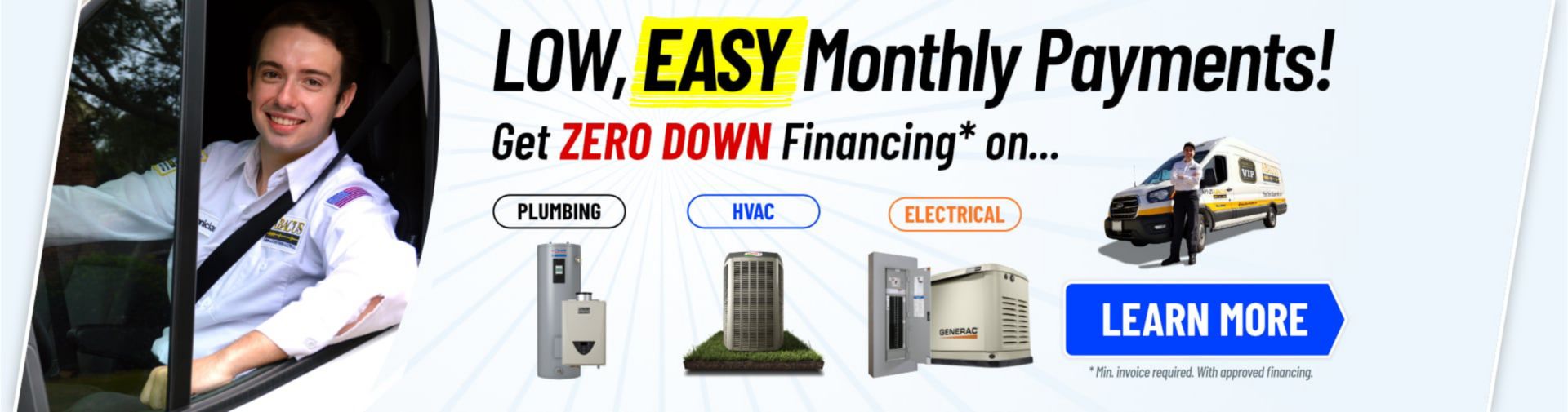 Low Easy Monthly Payments for Plumbing, HVAC & Electrical