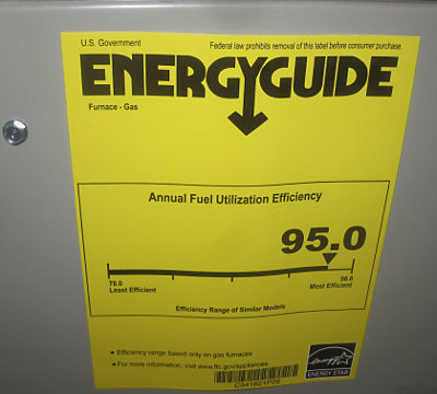 Yellow energy guide sticker on outside of furnace