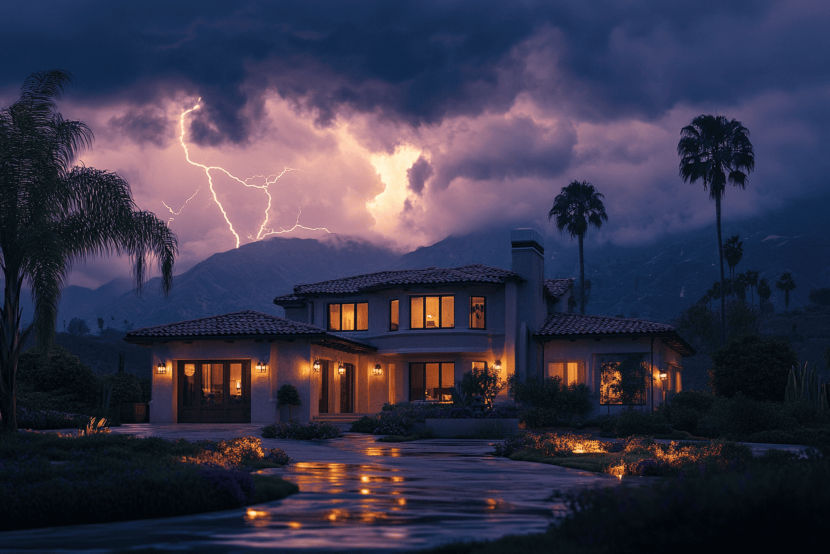 lightning above a home in Orange County