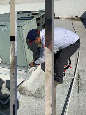 A man working on a rooftop AC unit.