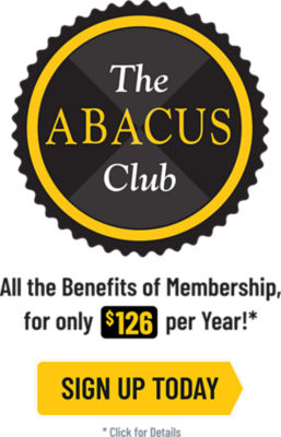 Medallion in black and yellow for The Abacus Club highlighting benefits of membership for only $126 per year. 