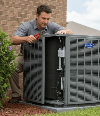 man working on a Carrier HVAC unit