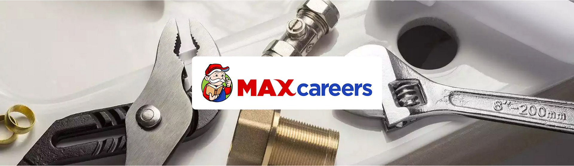 Max Careers Logo with Tools on a Sink Image in Background