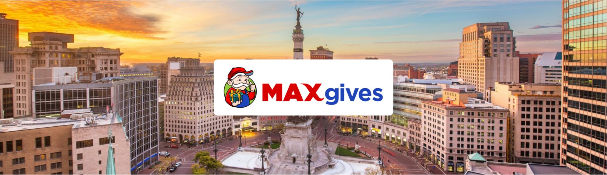 Max Gives logo with Indianapolis city view in background