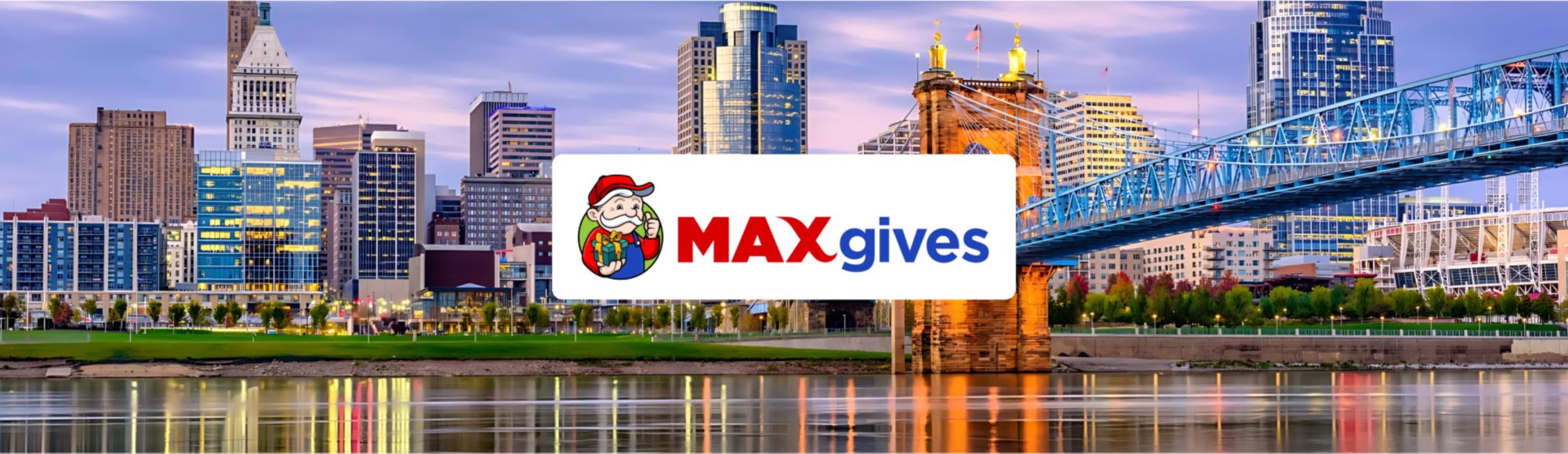 Max Gives logo with Louisville, Kentucky city view in background