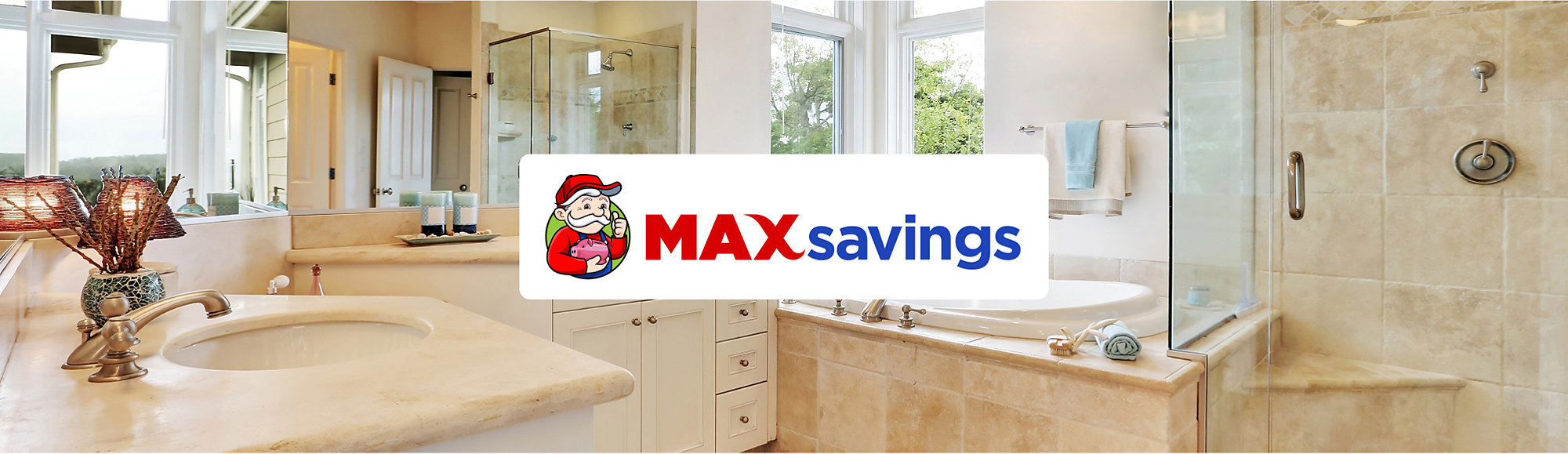 Max Gives logo with a bathroom in the background