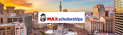 Max Scholarship logo with Indianapolis city view in background