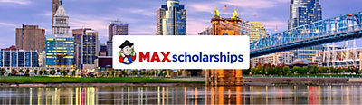 Max Scholarship logo with Indianapolis city view in background