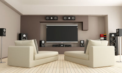 Modern living room with surround sound set up