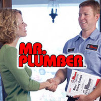 Red logo with image of plumber shaking hands with customer in background