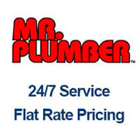 Mr. Plumber red logo, 24/7 service, flat rate pricing
