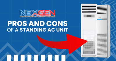 A red arrow pointing to a standing AC unit.