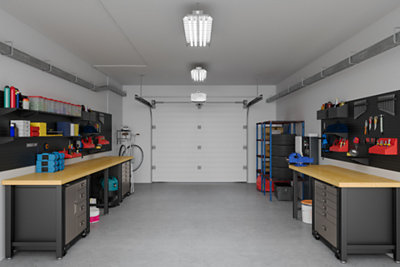 remodeled garage with workshop