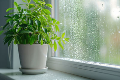 Indoor plant on a window sill on a rainy day