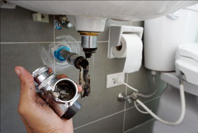 Plumber clearing bathroom sink pipes
