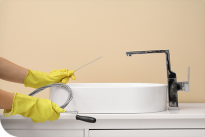 Plumber clearing bathroom drain with a snake
