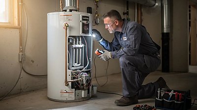 Tech inspecting the inside of a water heater