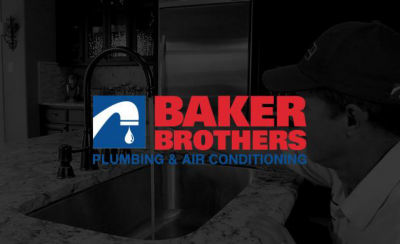 Baker Brothers logo with transparent photo of plumber looking at faucet
