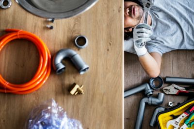 plumber using various plumbing tools 