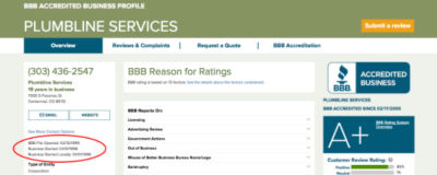 Better Business Bureau website showing Plumbline Services listing