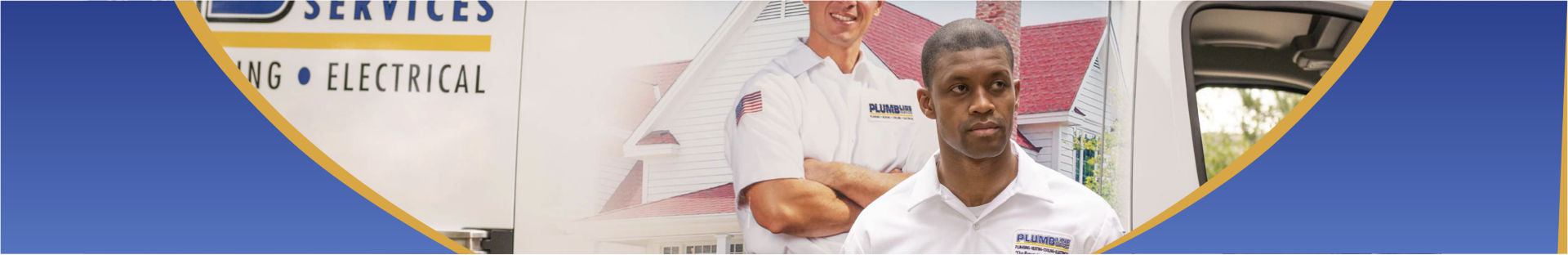 Plumbline technician standing in front of van