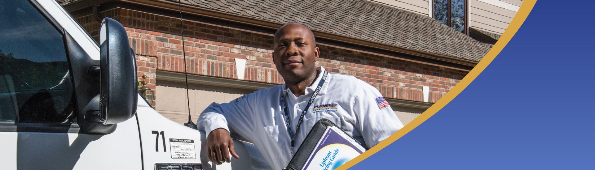 Technician leaning on Plumbline truck