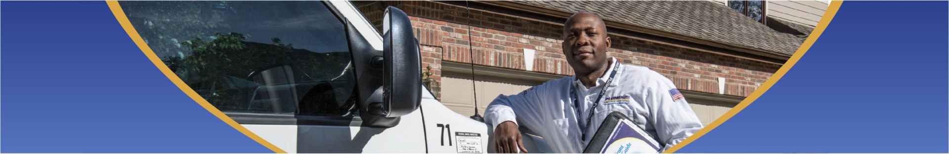 Plumbline technician leaning on van smiling