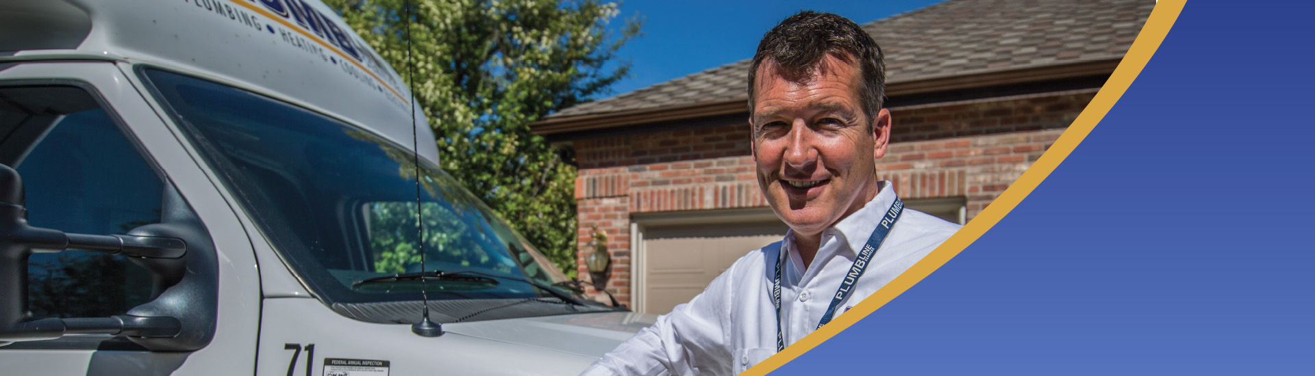 Plumbline drain clearing expert in front of a service van