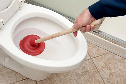 A person using a plunger to plunge a toilet