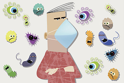 Graphic of man wearing a mask with germs floating around him