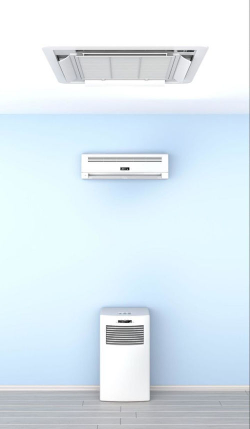 An air purifier system unit on the ground and affixed on a wall