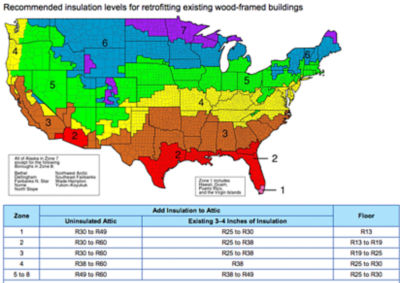 Recommended insulation levels heat map of United States