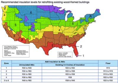 Recommended insulation levels heat map of United States