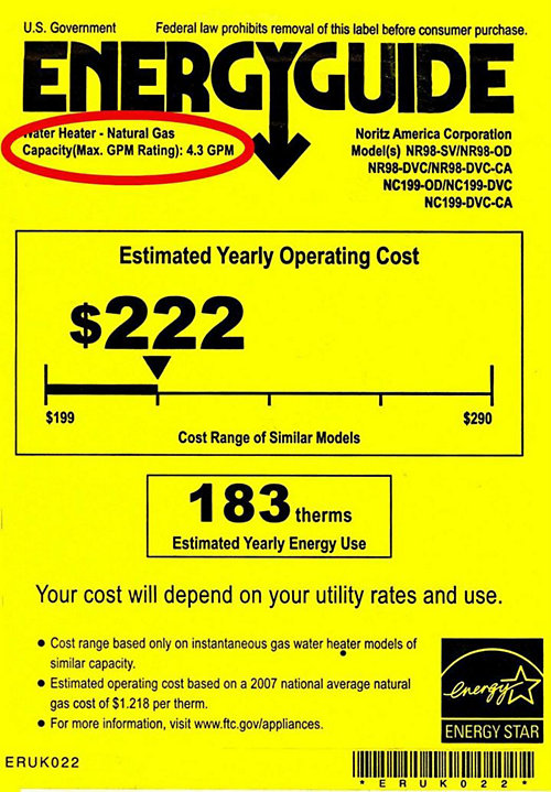 Tankless water heater flow rate energy guide label