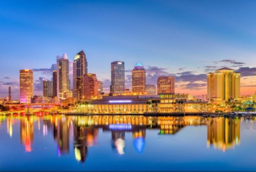 Florida skyline over water at sunset time