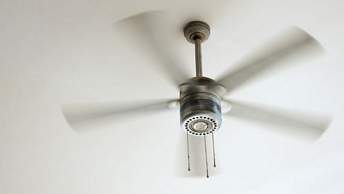 A ceiling fan with a rotating fan
