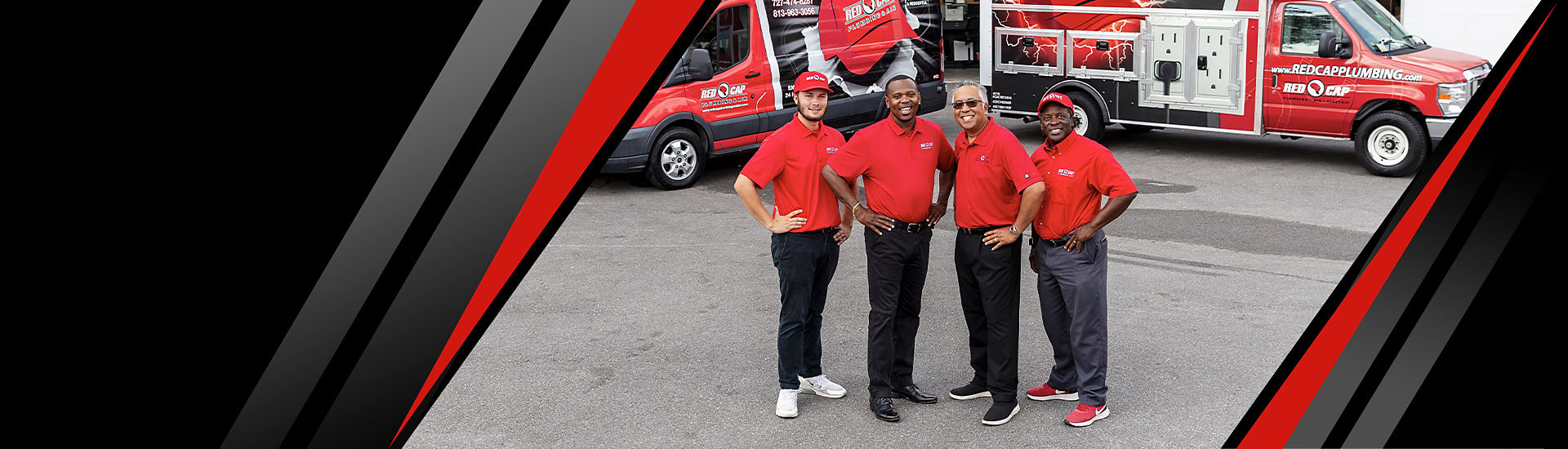 Three smiling Red Cap technicians standing in front of a company truck parket on a street in an neighborhood