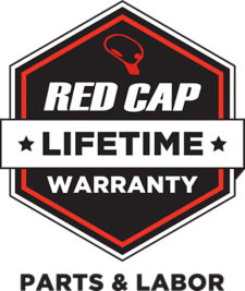 red cap lifetime warranty logo white border