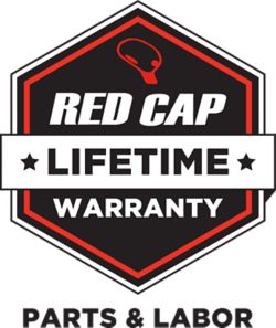 red cap lifetime warranty logo white border