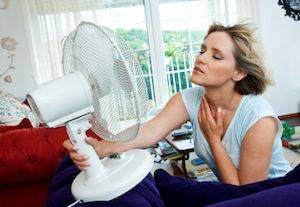 Women cooling down in  side with oscillating fan