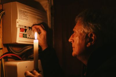 man holding a candle to his electrical panel due to a power outage