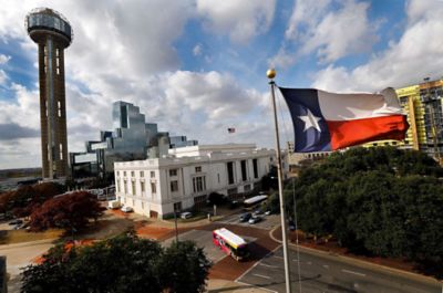 Reunion Tower and the Hyatt Dallas (left), and Union Station (white building) are pictured from The Dallas Morning News roof on Young St. in downtown Dallas, Monday, December 4, 2017.