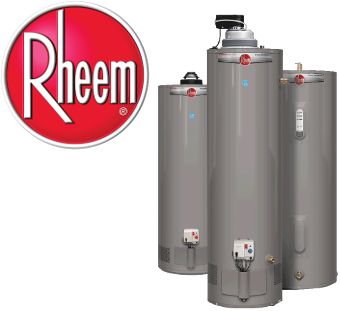 Rheem logo and water heaters