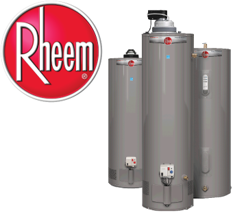 Rheem logo and water heaters