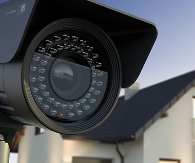 Close up of security camera outside of house